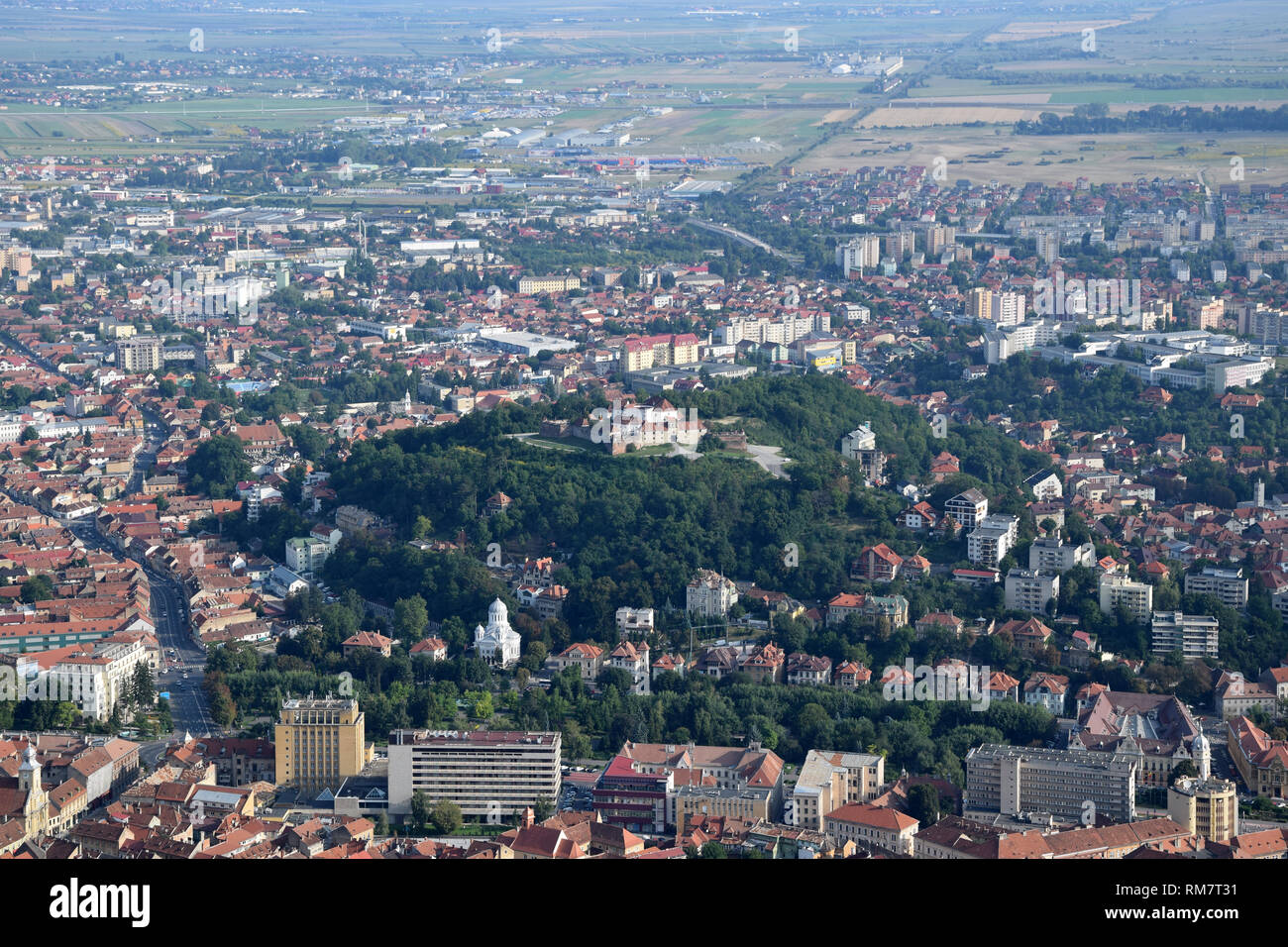 Aerial view of the Brasov Old town from Tampa Mount. Brasov, Transylvania, Romania. Stock Photo
