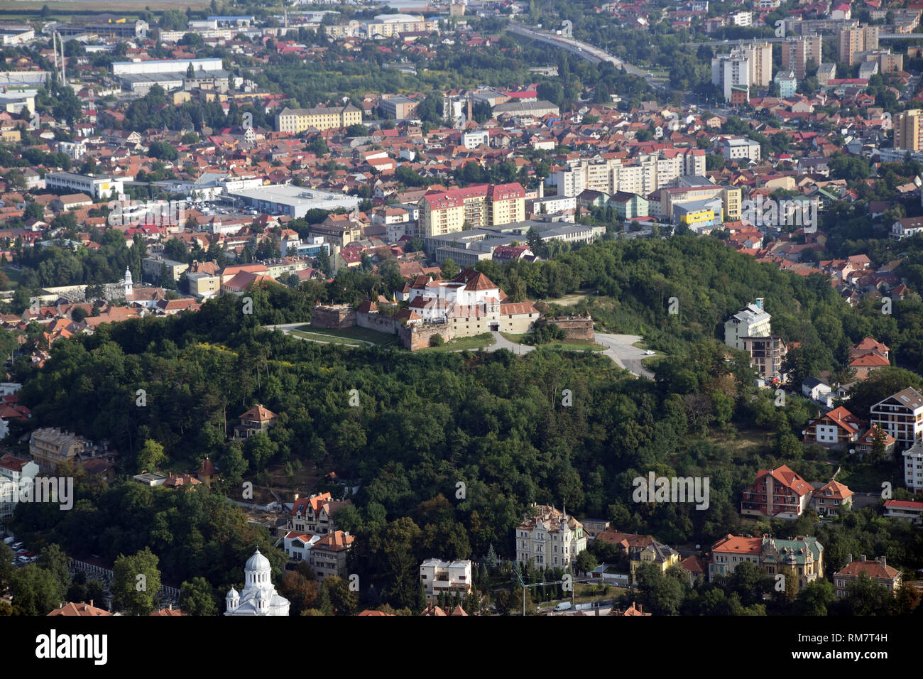 Aerial view of the Brasov Old town from Tampa Mount. Brasov, Transylvania, Romania. Stock Photo