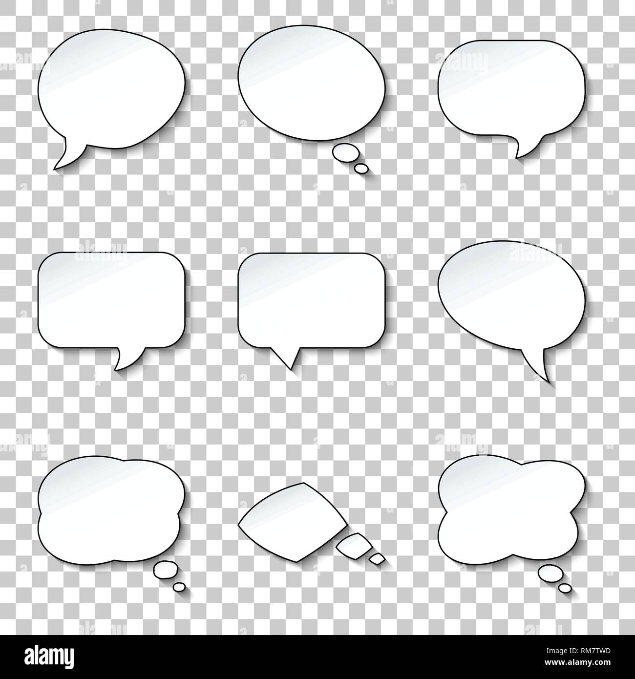 Round paper speech and think bubbles set. Vector design elements on transparent background Stock Vector