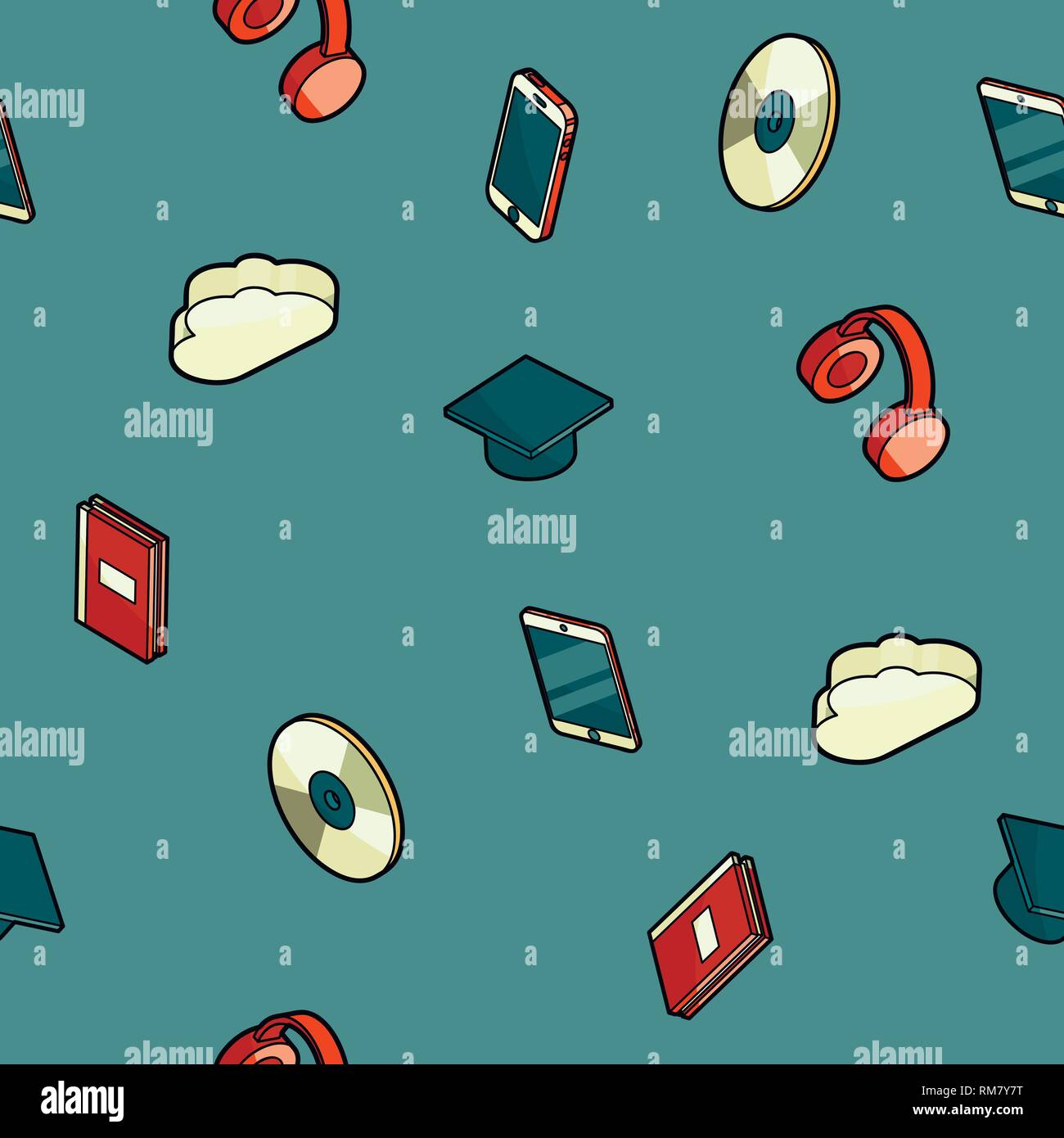 E-education color outline isometric pattern for Web Isolated on White Background. Vector illustration Stock Vector