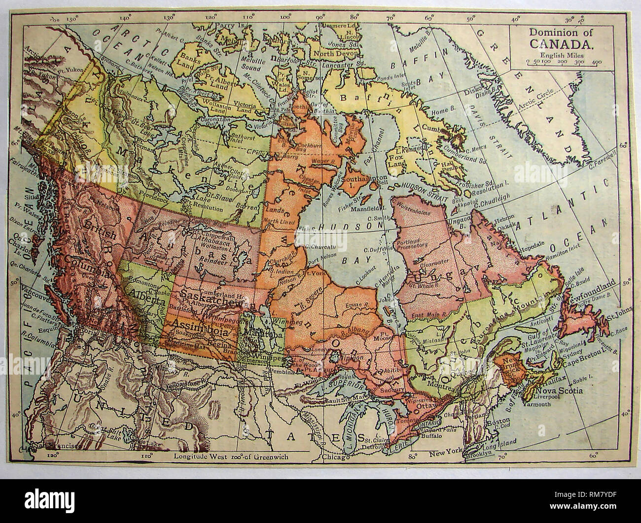 1901 coloured map of  the Dominion of Canada.showing districts of Saskatchewan, Alberta, Assiniboia, Athabasca, Franklin, Keewatin, Mackenzie, and Ungava etc. Stock Photo