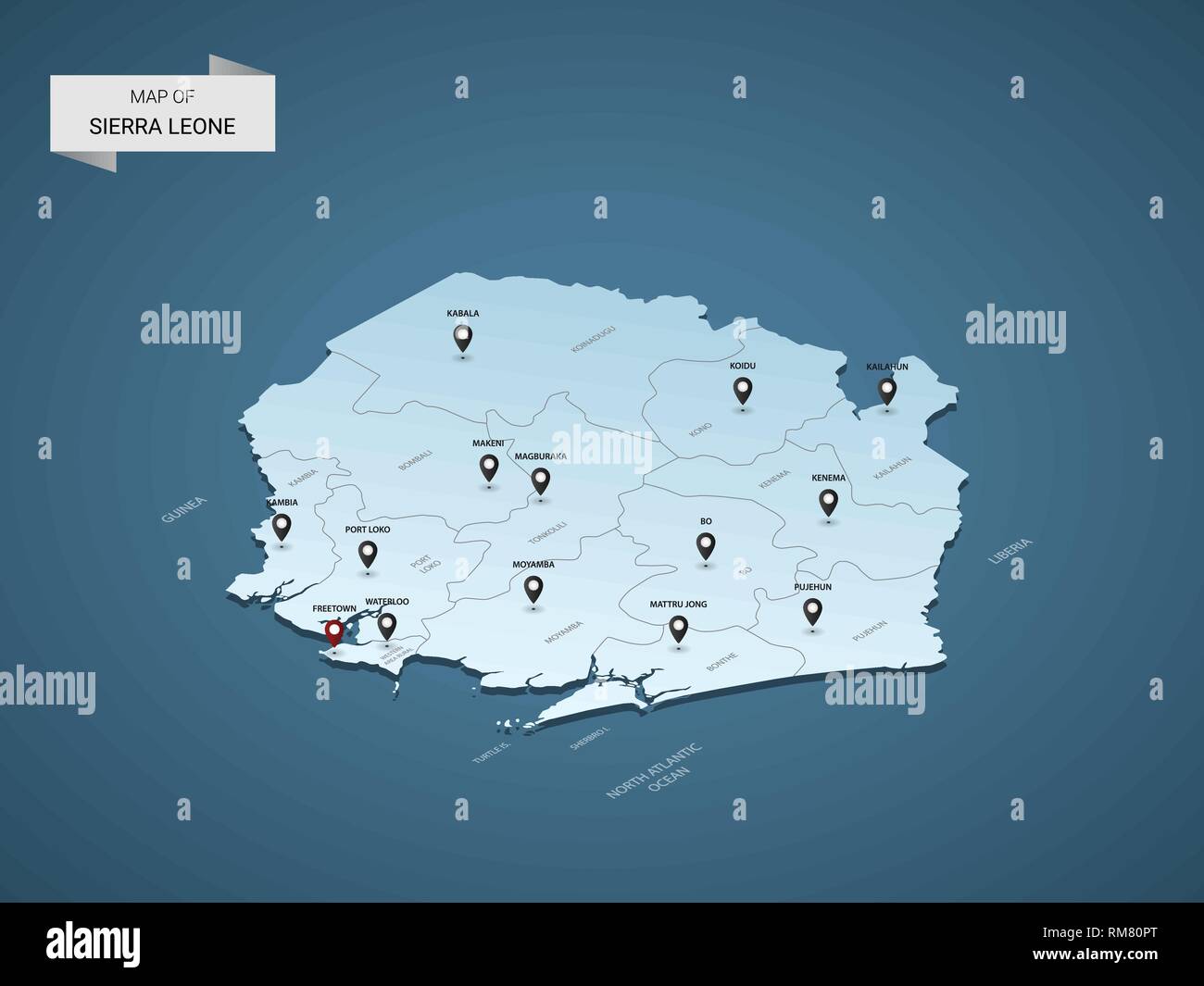 Isometric 3D Sierra Leone map, vector illustration with cities, borders ...