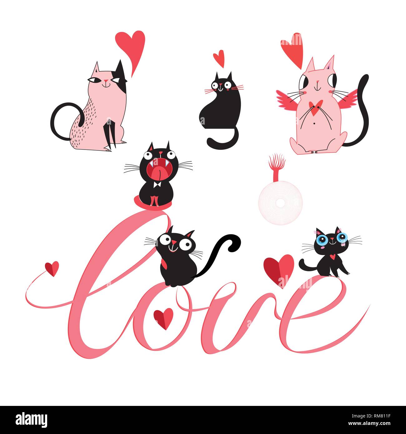 Set of vector cats in love and the inscription love on a white background Stock Vector