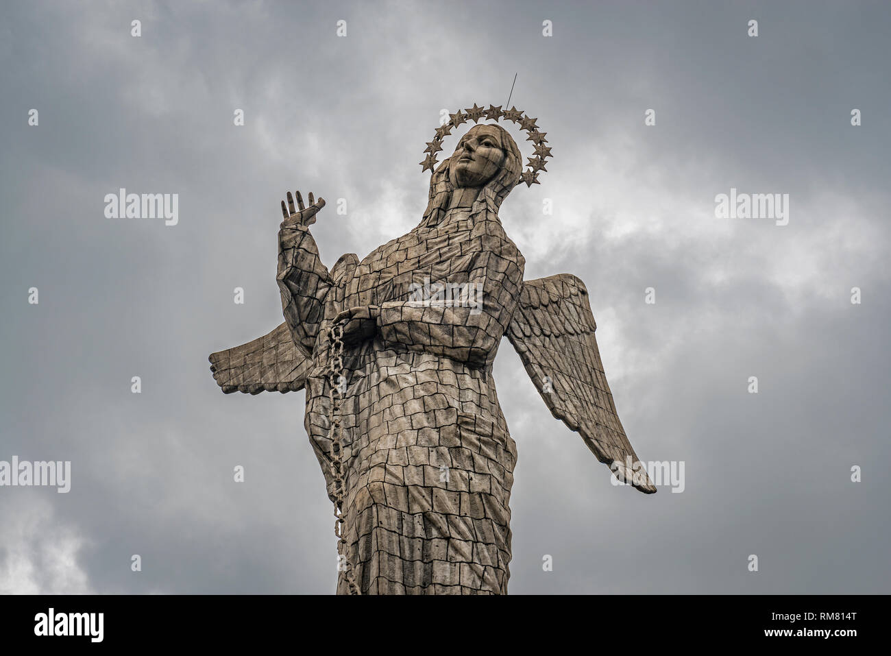 The statue of the Virgin of Quito, also known as the Winged Virgin or Apocalyptic Virgin, in the city center of Quito on the Panecillo hill, Ecuador. Stock Photo