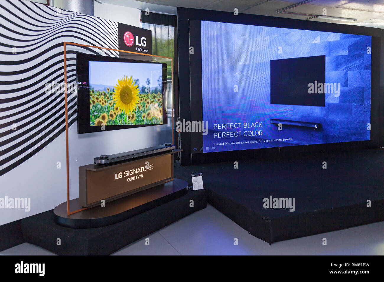 Kiev, Ukraine June 12, 2018: LG Company presents new home appliances TVs, refrigerators, washing machines, microwaves, telephones and music systems Stock Photo