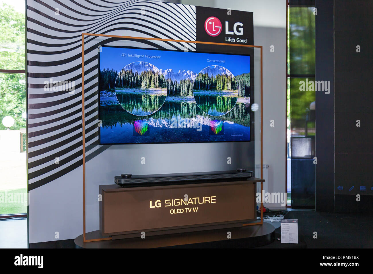 Kiev, Ukraine June 12, 2018: LG Company presents new home appliances TVs, refrigerators, washing machines, microwaves, telephones and music systems Stock Photo