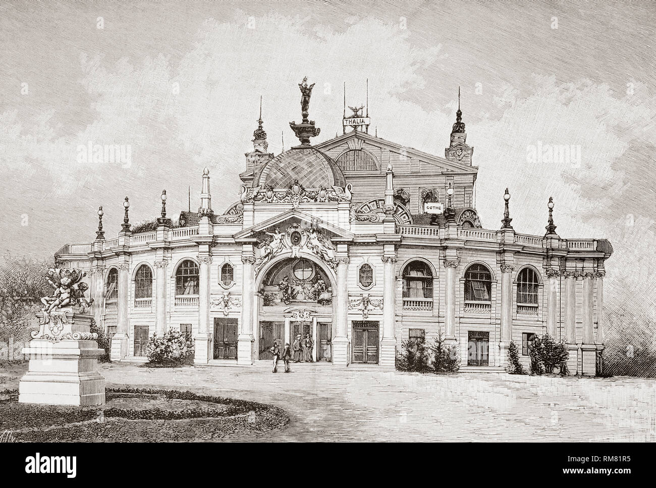 Facade of international theatre, designed by architects Ferdinand Fellner (1849-1919) and Hermann Helmer (1849-1919), Vienna, Austria, seen here in the 19th century.  From La Ilustracion Espanola y Americana, published 1892. Stock Photo