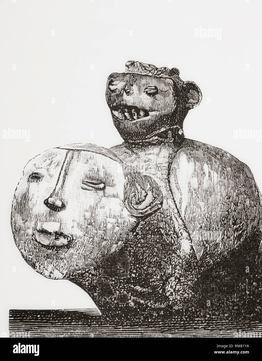 Ceramic figure of a quadruped with two human heads from Soacha, Cundinamarca, Bogota, Columbia.  From La Ilustracion Artistica, published 1887. Stock Photo