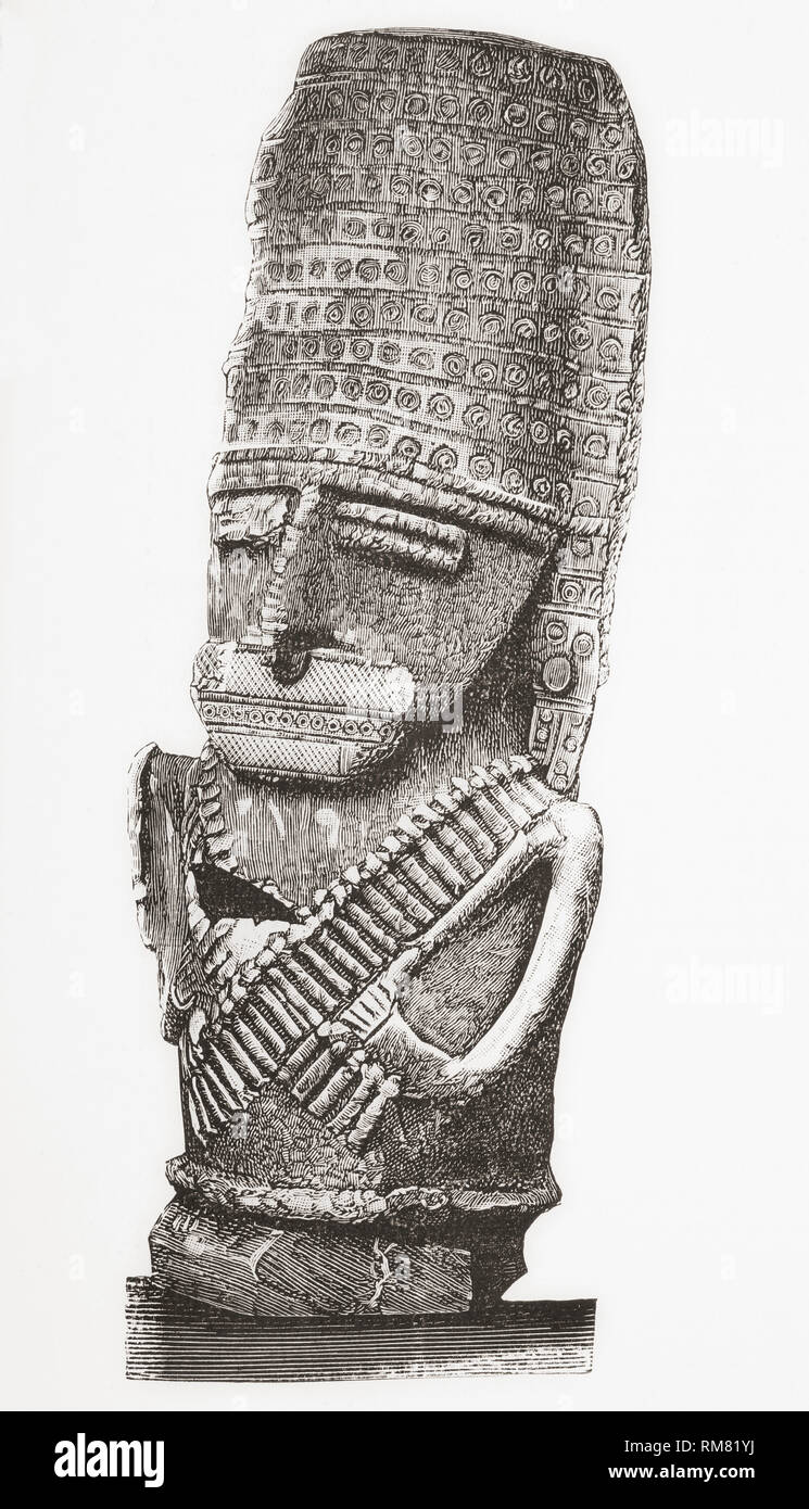 Ceramic figure from Guatavita, Cundinamarca , Bogota, Columbia, South America.   Bust of a cacique, or the chief of some indigenous tribes in central and south America.  From La Ilustracion Artistica, published 1887. Stock Photo
