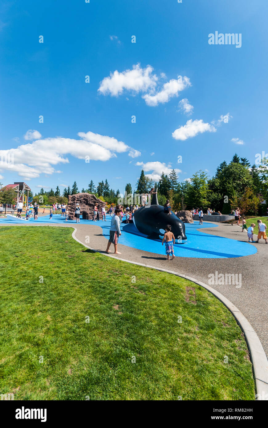 Scene from Crossroads Water Spray Park in Bellevue, Washington Stock