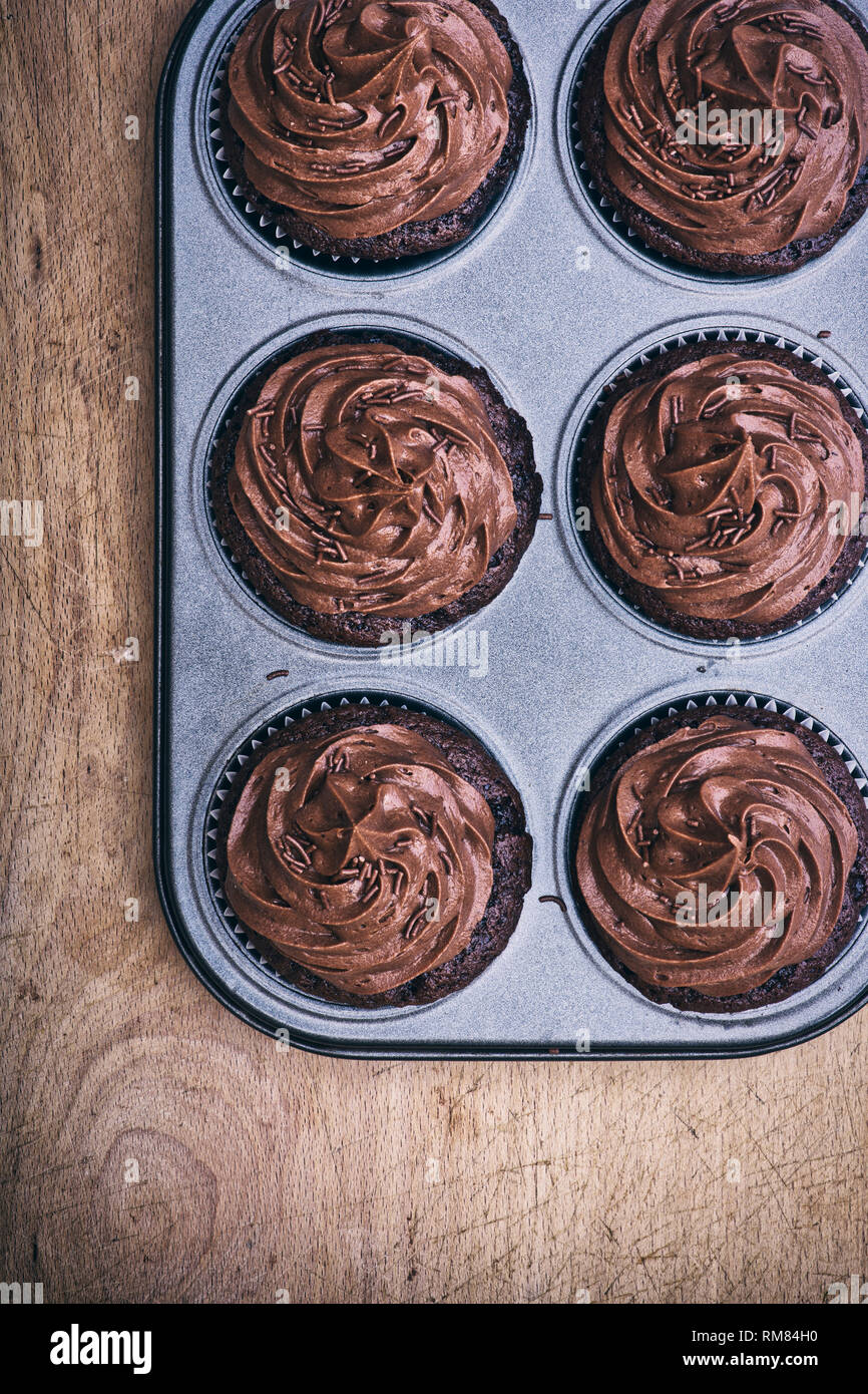 Homemade Chocolate cupcakes in a muffin tin Stock Photo