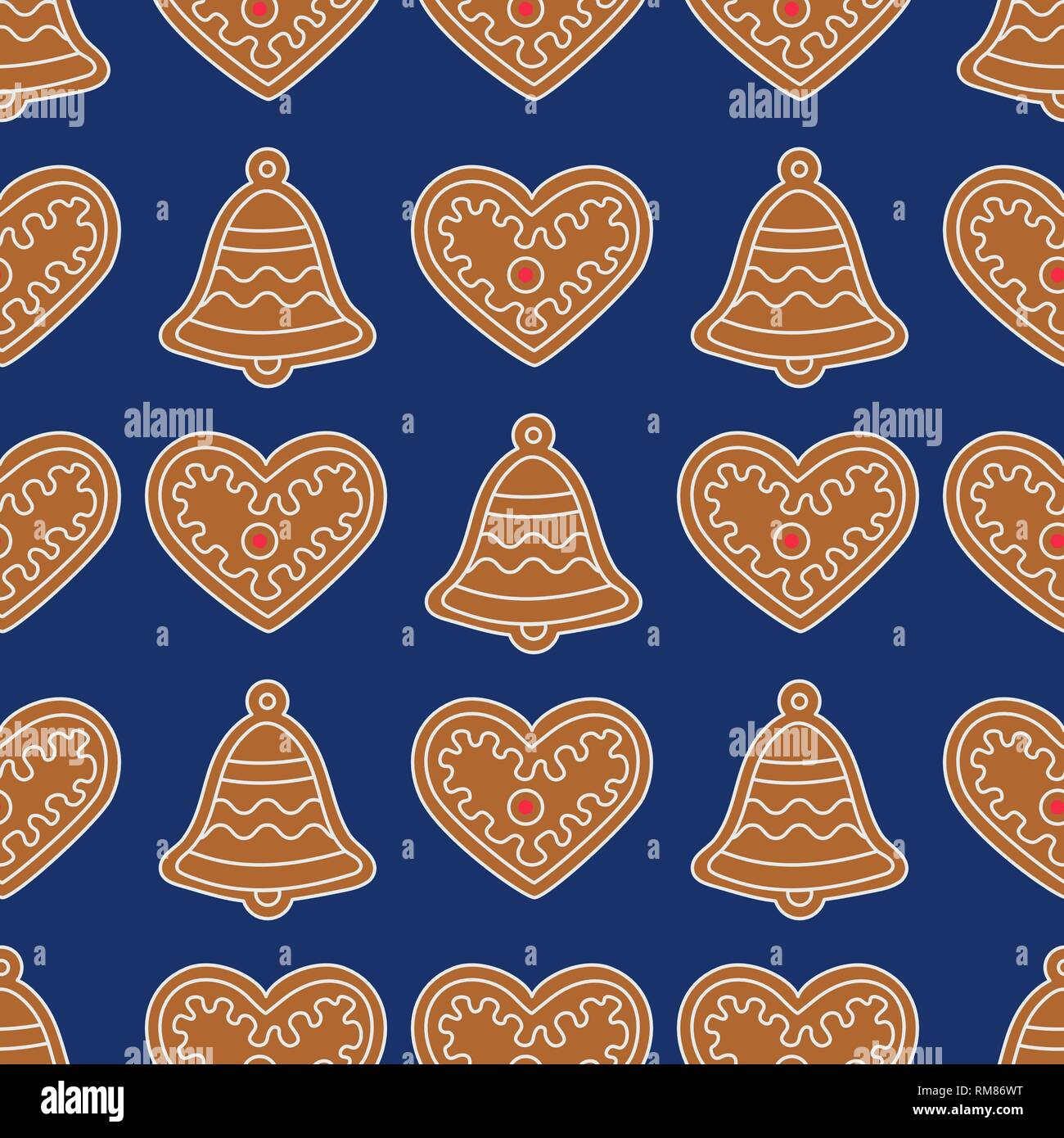 Seamless pattern with gingerbread bells and hearts. Holiday background. Design for banner, poster, textile, print. Stock Vector