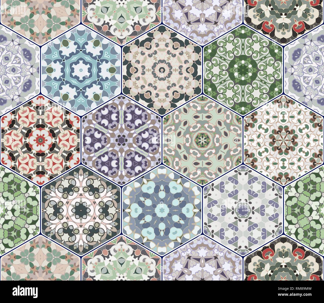 A rich set of hexagonal ceramic tiles. Colorful elements in oriental style. Vector illustration. Stock Vector
