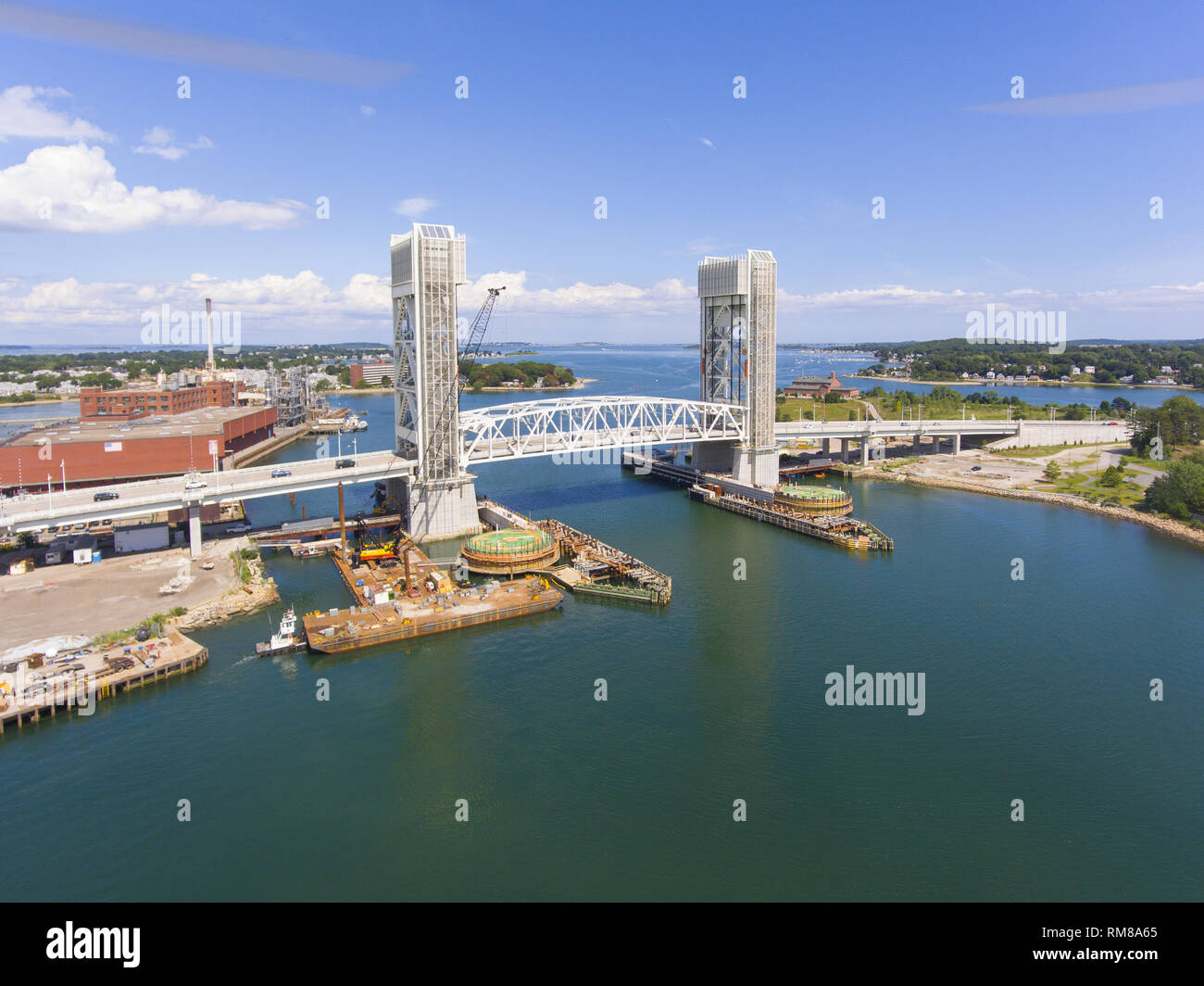 Aerial view of Weymouth Fore River and Fore River Bridge in Quincy
