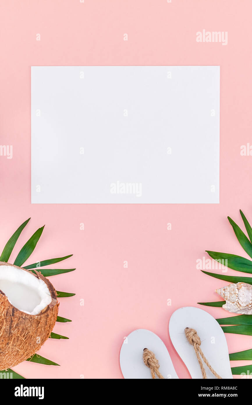 Creative flat lay top view mock up green tropical palm leaves coconuts ...