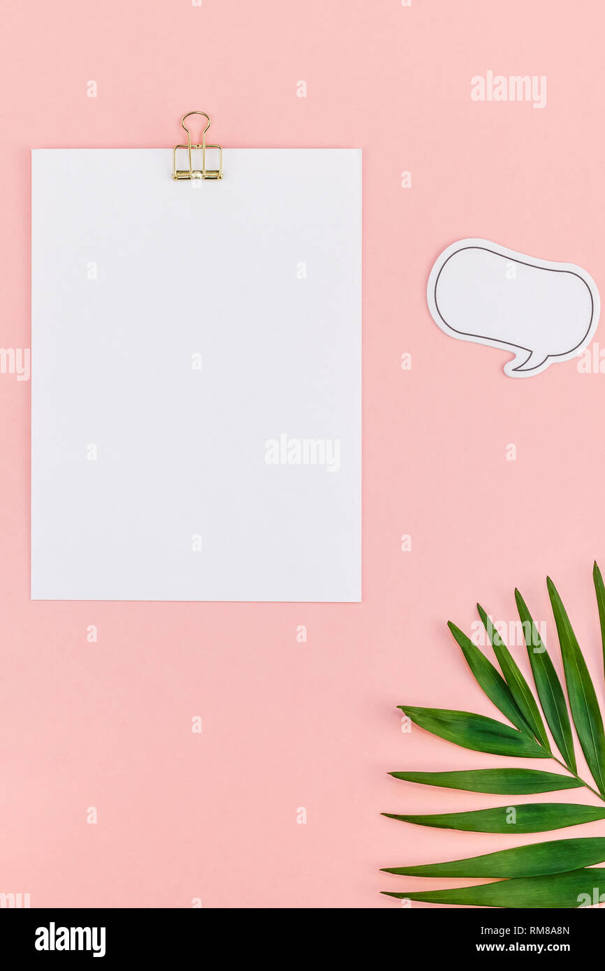 Creative flat lay top view mock up blank paper sheet postcard clip ...