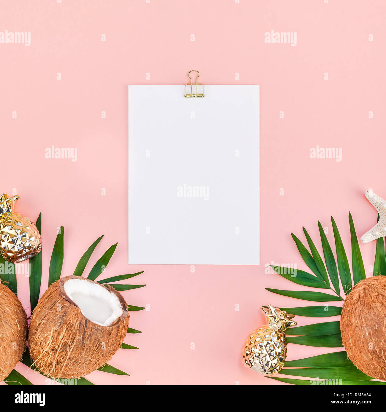 Creative flat lay top view mock up green tropical palm leaves coconuts ...