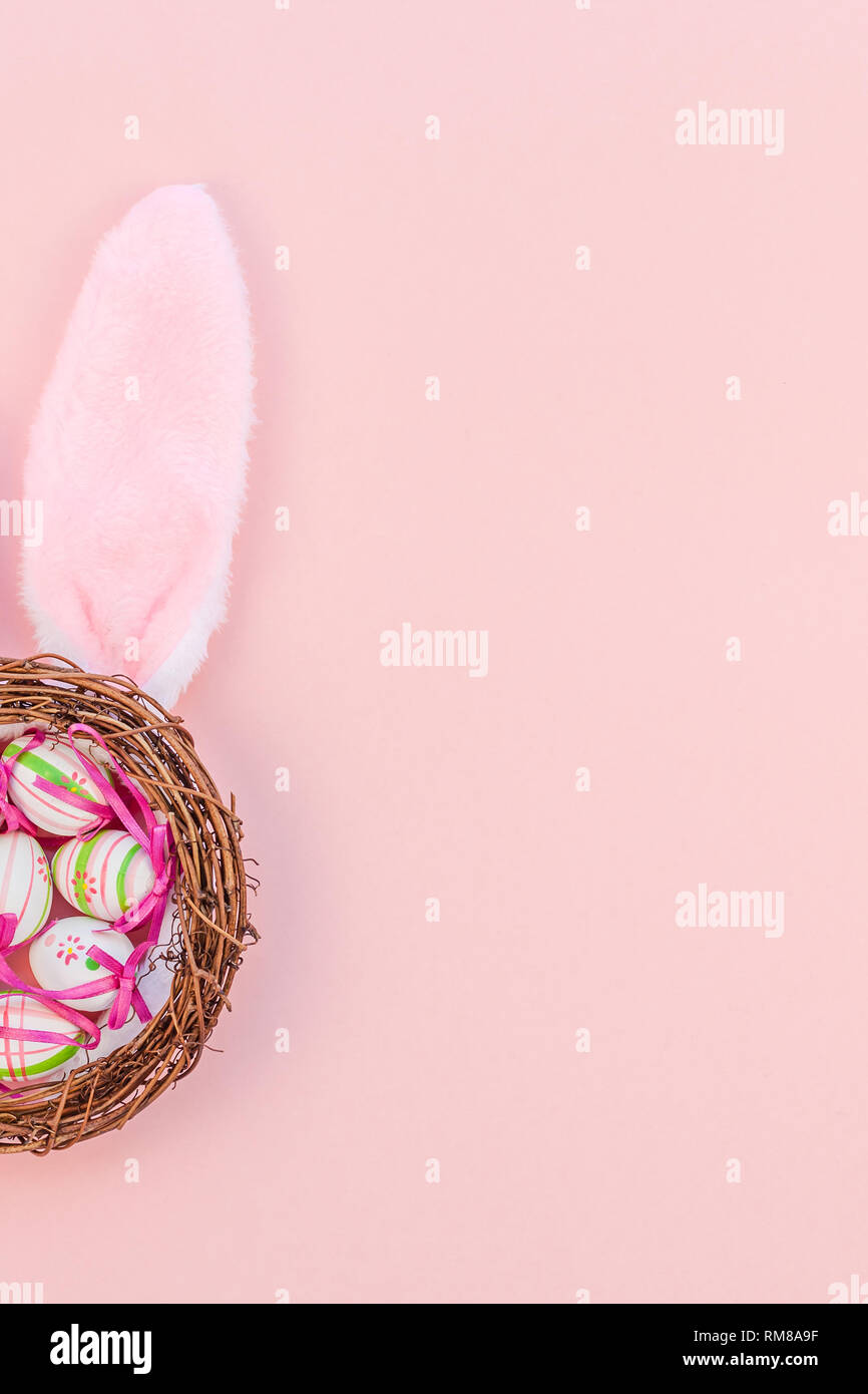 Creative Top view flat lay holiday composition Easter eggs bunny ears ...
