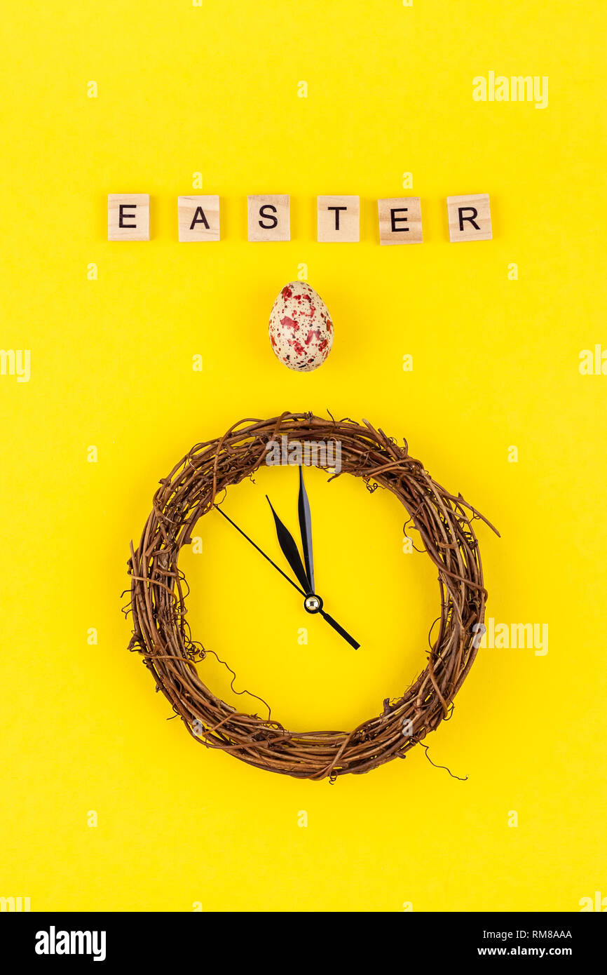 Creative Top view flat lay holiday composition Easter bunny ears eggs ...