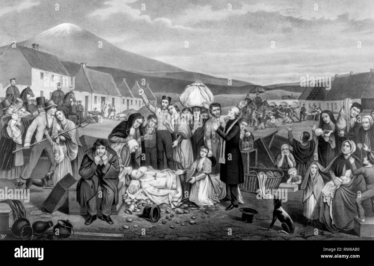 lithograph of the w h powell painting of an eviction of an irish tenant family from land owned by british absentee landlord  mayo ireland  Image updated using digital restoration and retouching techniques Stock Photo