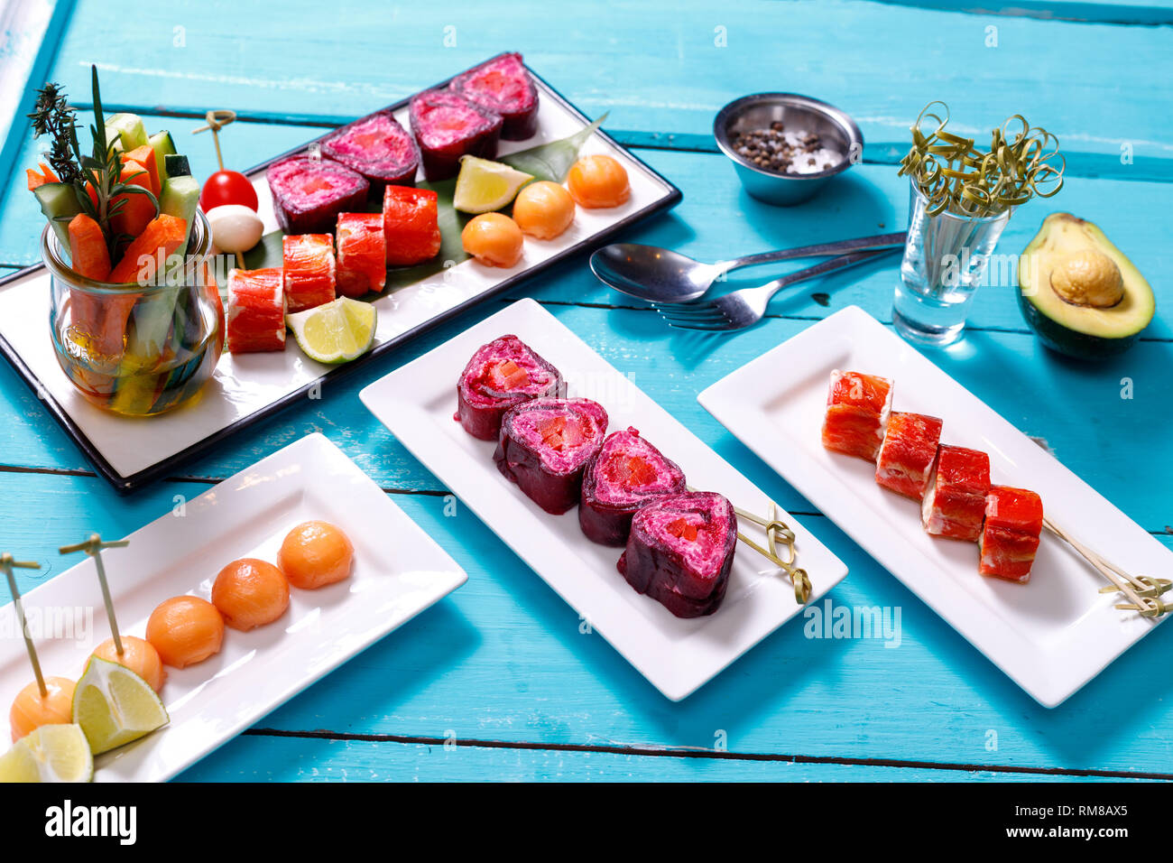 snacks on blue wooden background Stock Photo