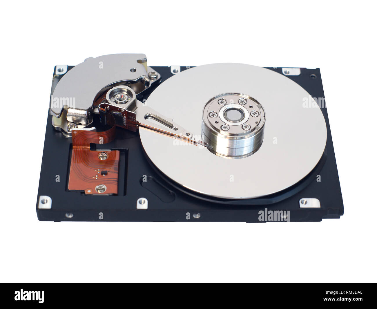 Hard disk drive with storage surface and writing head mechanism isolated on white Stock Photo