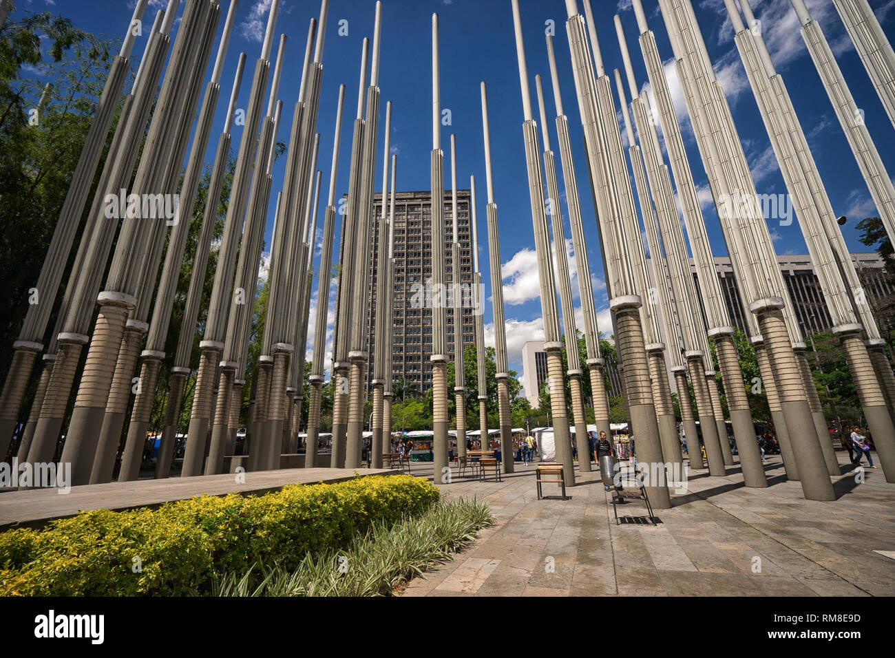 Medellin, Colombia - July 25, 2018: concrete light stands of the  Plaza Cisneros Stock Photo