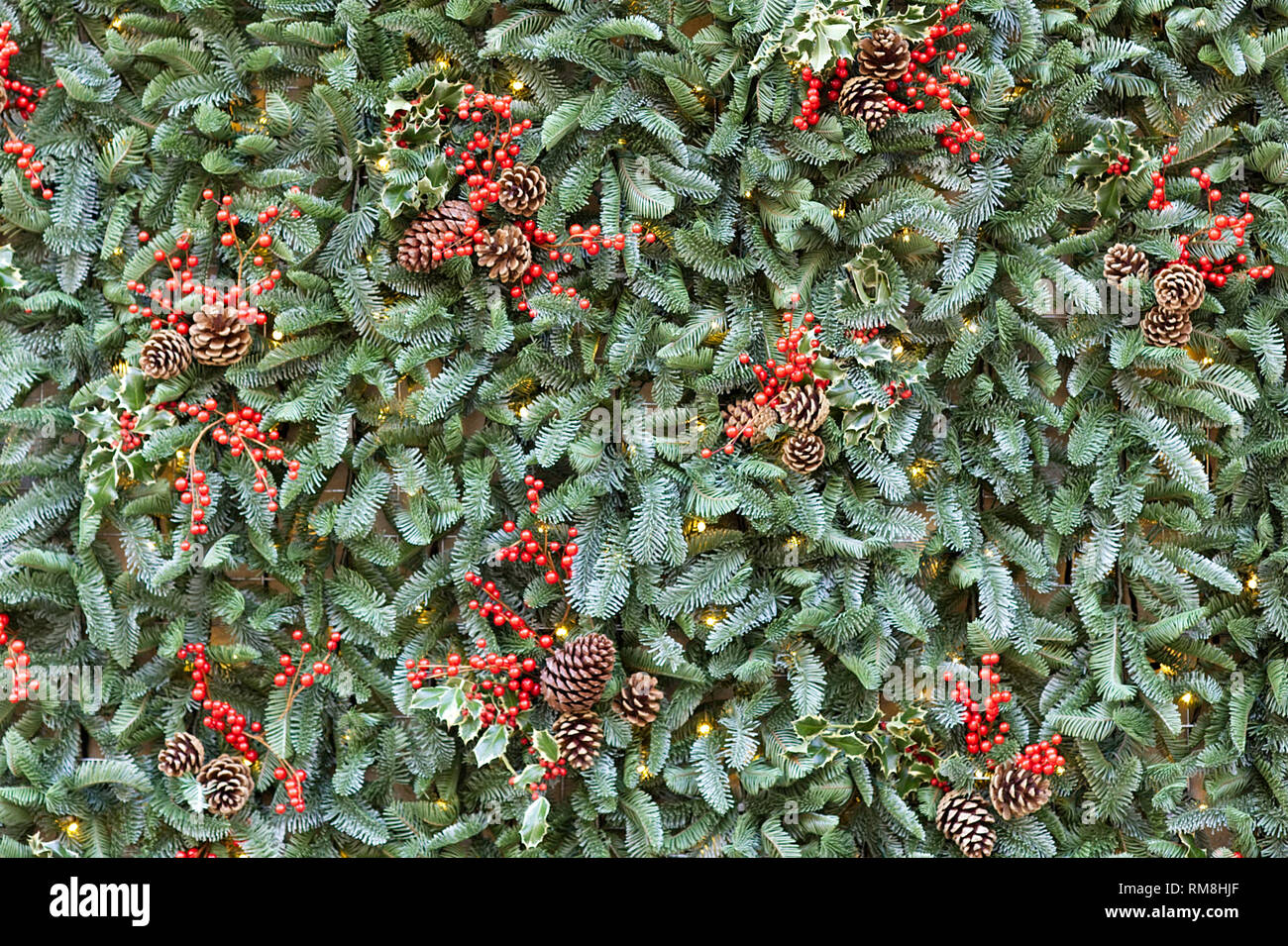 fir tree cones and berry decorations Stock Photo