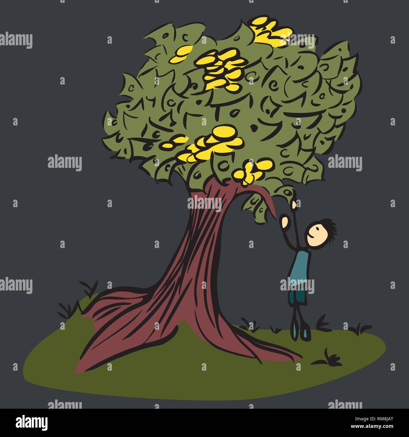 Stick man picking money from a tree colored dark background by jziprian Stock Vector