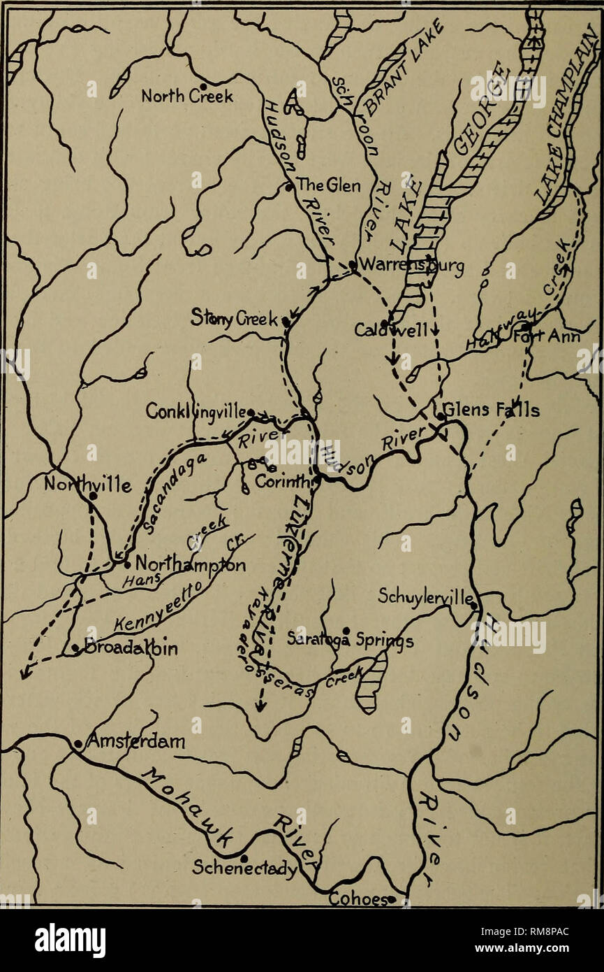 . Annual report. New York State Museum; Science; Science. no NEW YORK STATE MUSEUM Adirondacks. It is certain that these valleys contained important preglacial streams which flowed southward out of the mountains. Now, however, the Sacandaga river enters the north end of the. SCALE MILES PREGLACIAL STREAMS — Fig. 2&gt;7 Sketch map of the southeastern Adirondack region, show- ing the relation of the preglacial drainage to that of the present. Preglacial courses shown only where essentially different from present streams. After W. J. Miller, Bui. Geol. Soc. Am., vol. 22. Please note that these im Stock Photo