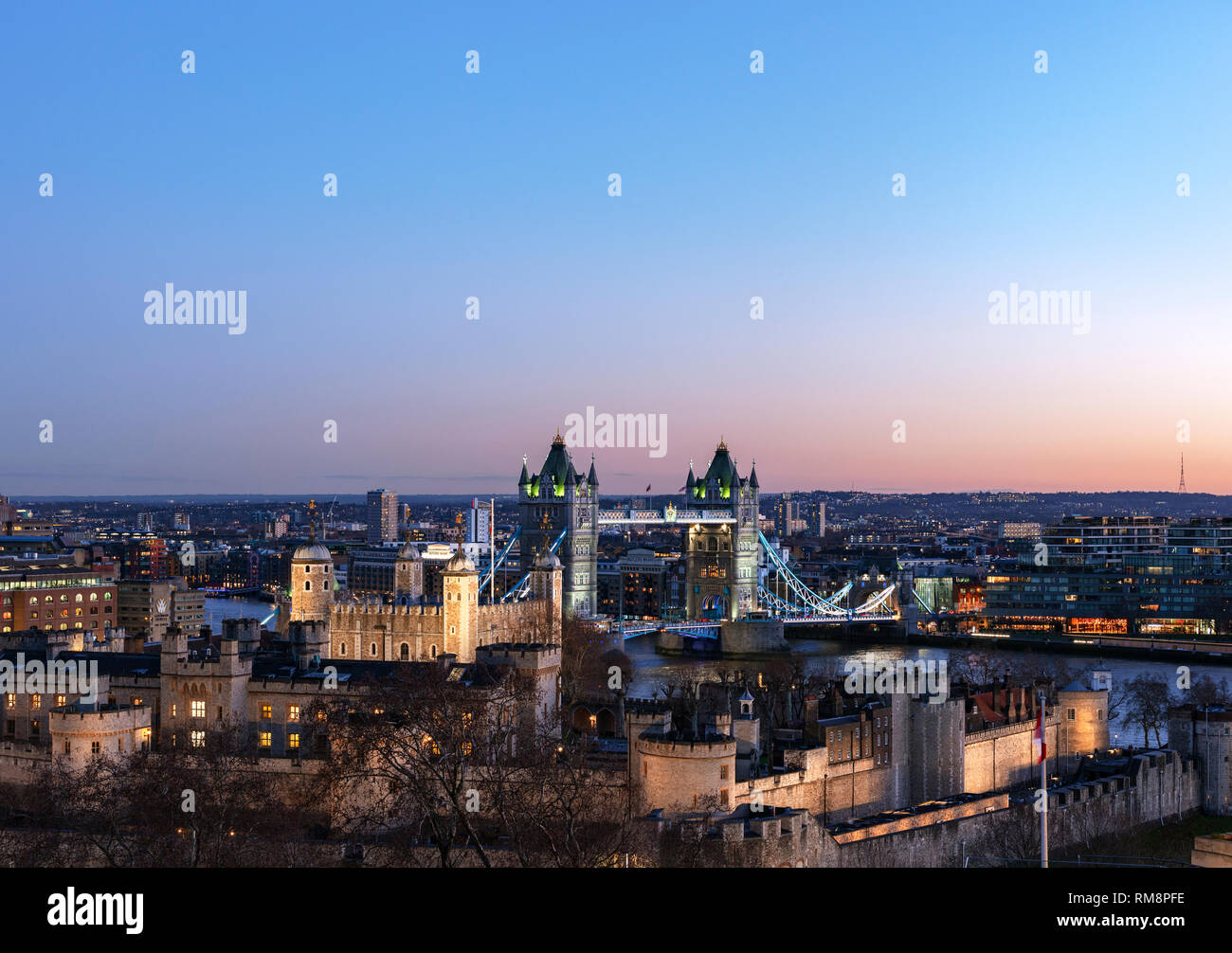 Elevated View of the tower of London with tower bridge in the Background Stock Photo