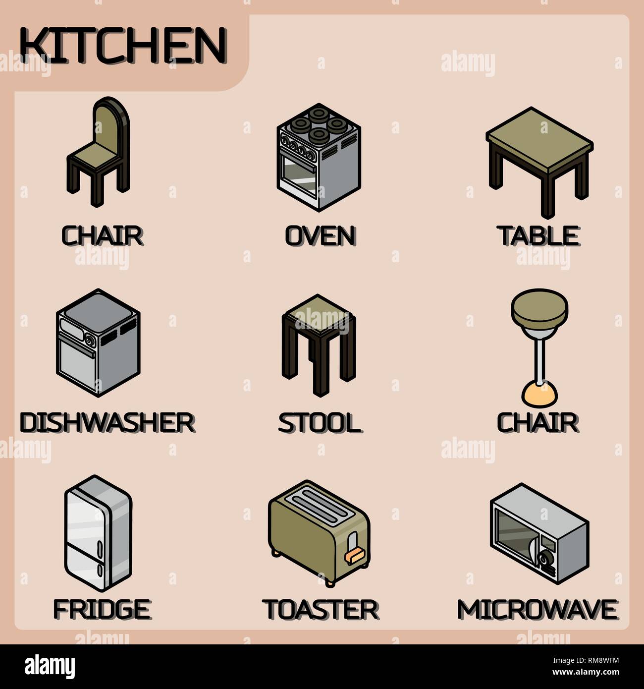 Kitchen color outline isometric icons set. Vector illustration, EPS 10 ...