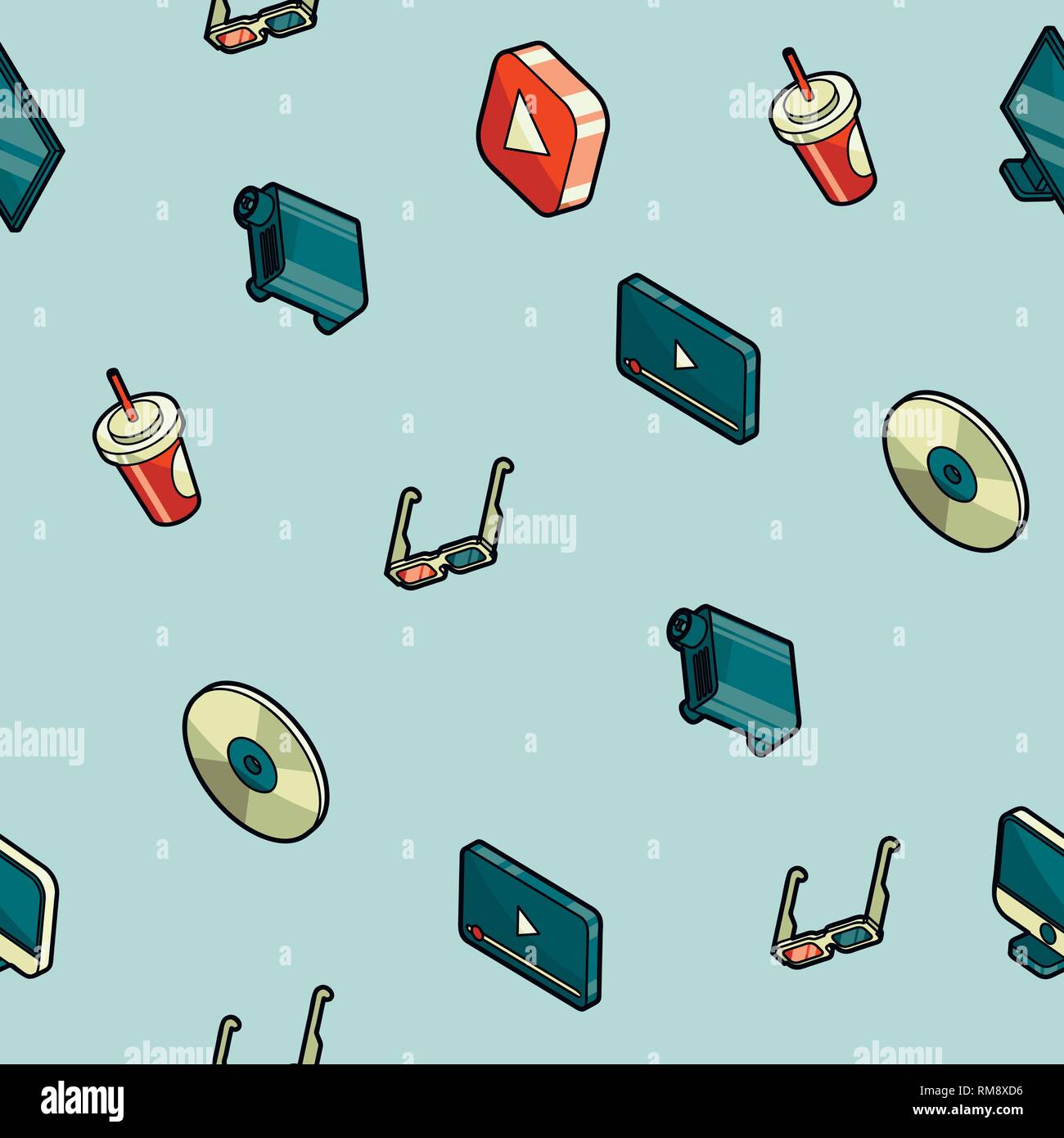 Online cinema isometric pattern . Vector illustration, EPS 10 Stock Vector