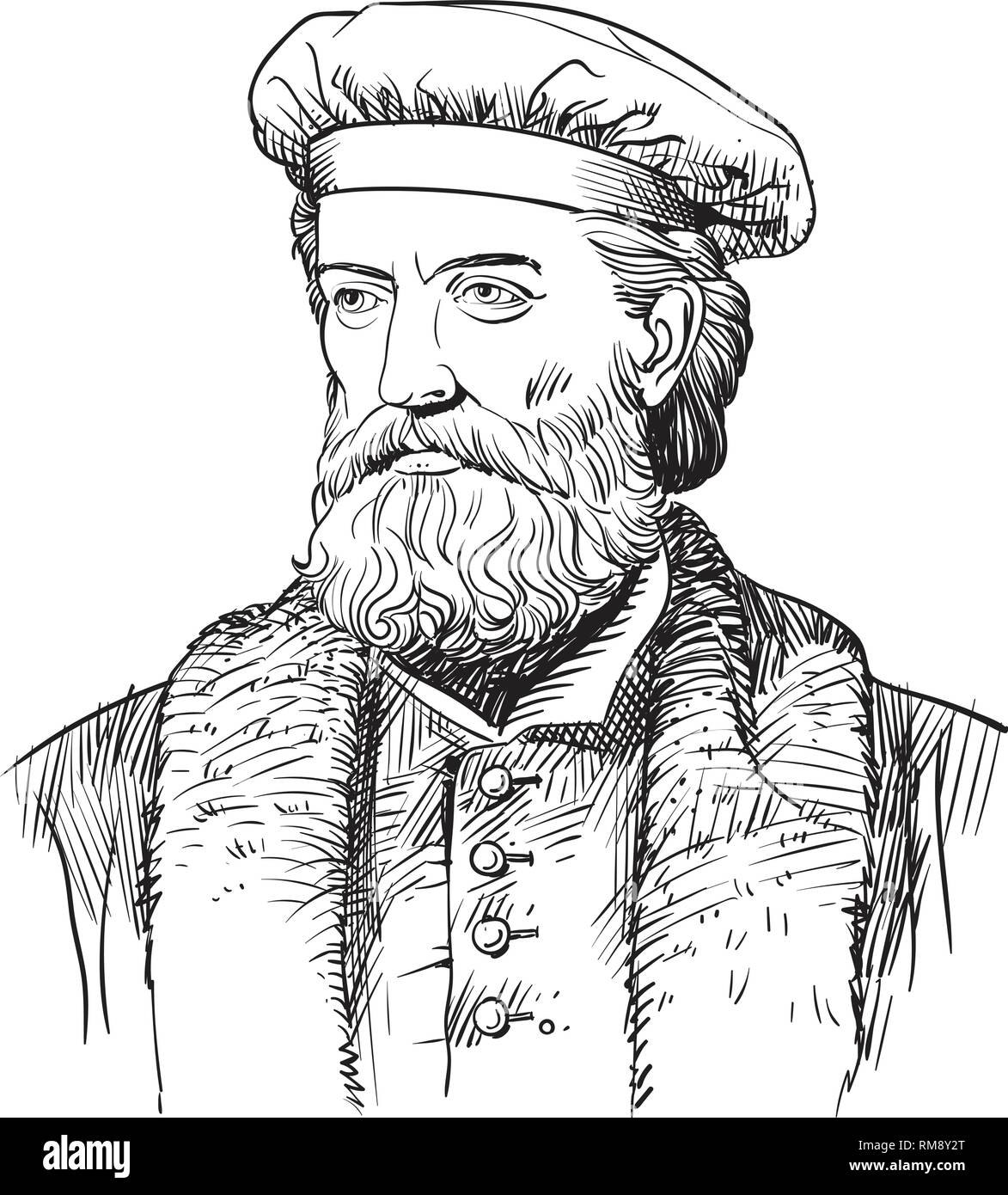 Marco Polo portrait in line art engraved illustration. He was Italian adventurer and explorer. Stock Vector