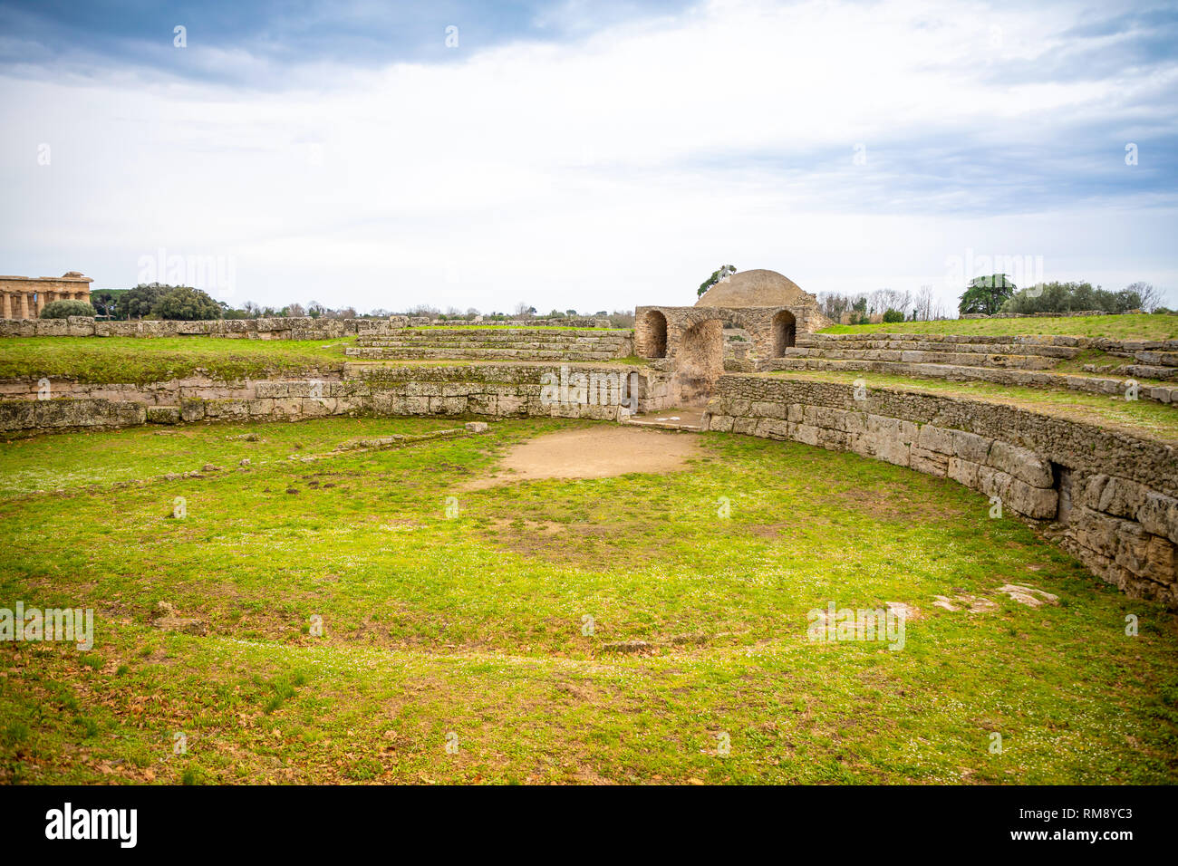 Old ruins of ancient Greek city in Paestum, Italy Stock Photo