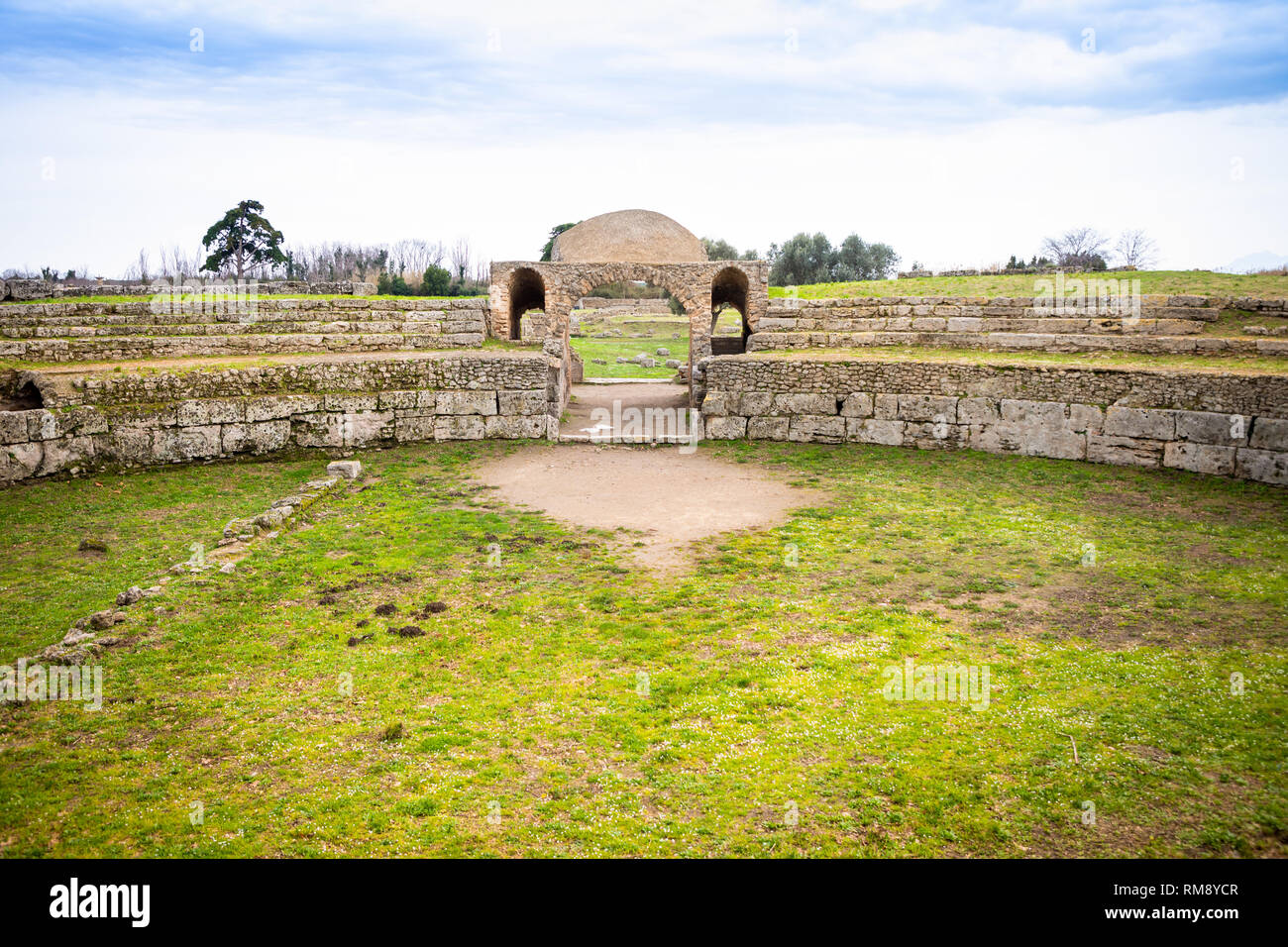 Old ruins of ancient Greek city in Paestum, Italy Stock Photo