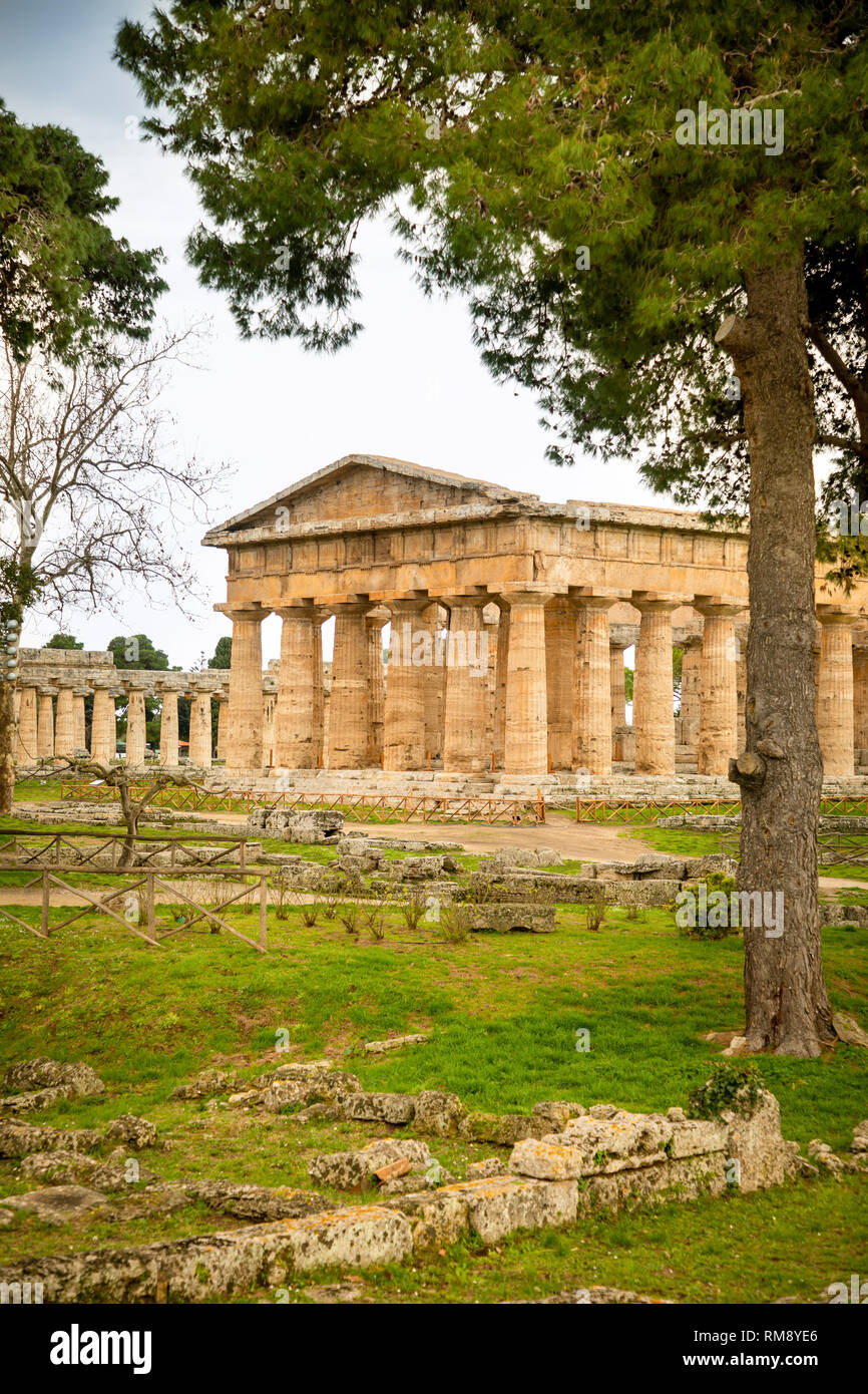 Old ruins of Neptune Temple in paestum, Italy Stock Photo