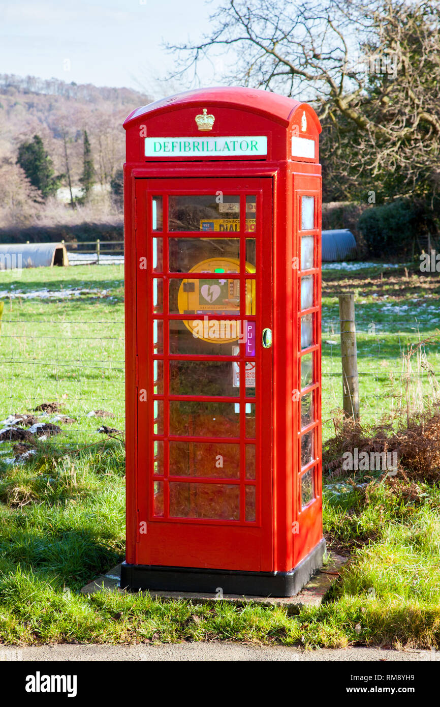 Telephone box kiosk now used as a defibrillator station point in the