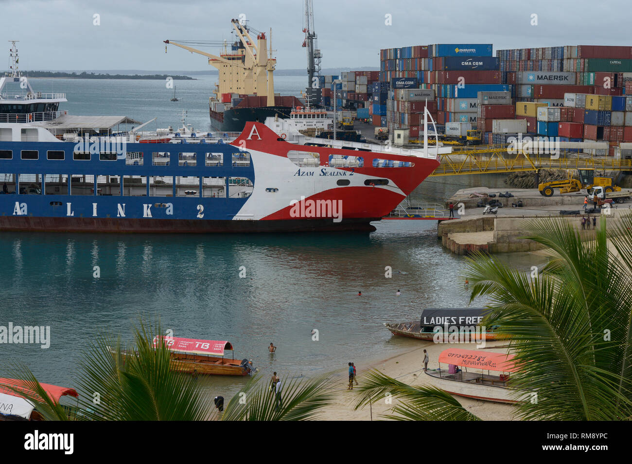 TANZANIA, Zanzibar, Stone town, container seaport and Azam Sealink passenger car ferry to mainland Stock Photo