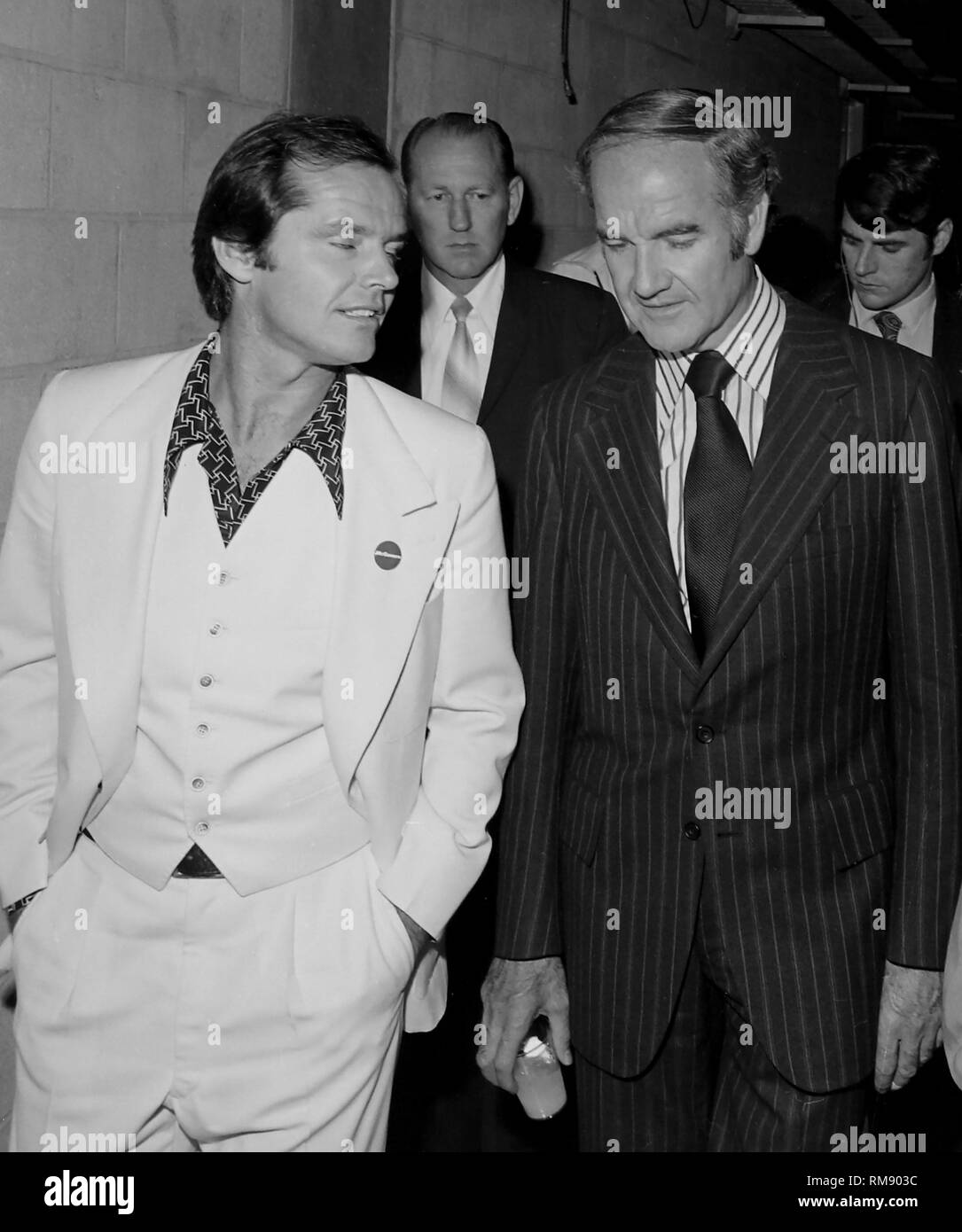 Actor Jack Nicholson talks with Presidential candidate George McGovern before a fundraising concert in April 15, 1972 at The Forum in Los Angeles featuring James Taylor, Carole KIng, Barbra Streisand and Quincy Jones. Stock Photo