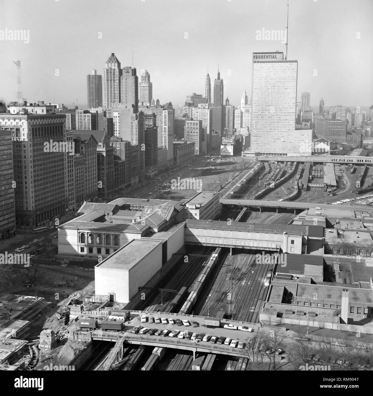 Aerial view looking north over the Art Institute up Michigan Avenue to the north side of Chicago, ca. 1960. Stock Photo