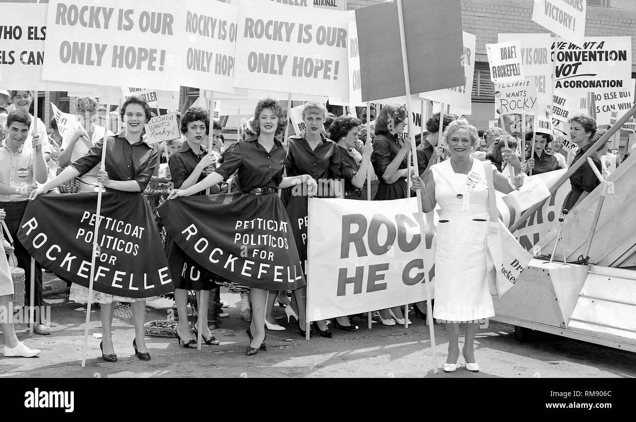 Supporters of Gov. Nelson Rockefeller, including the 'Petticoats Politicos for Rockefeller' group, await his arrival at Midway Airport for the Republican National Convention in 1960. Stock Photo