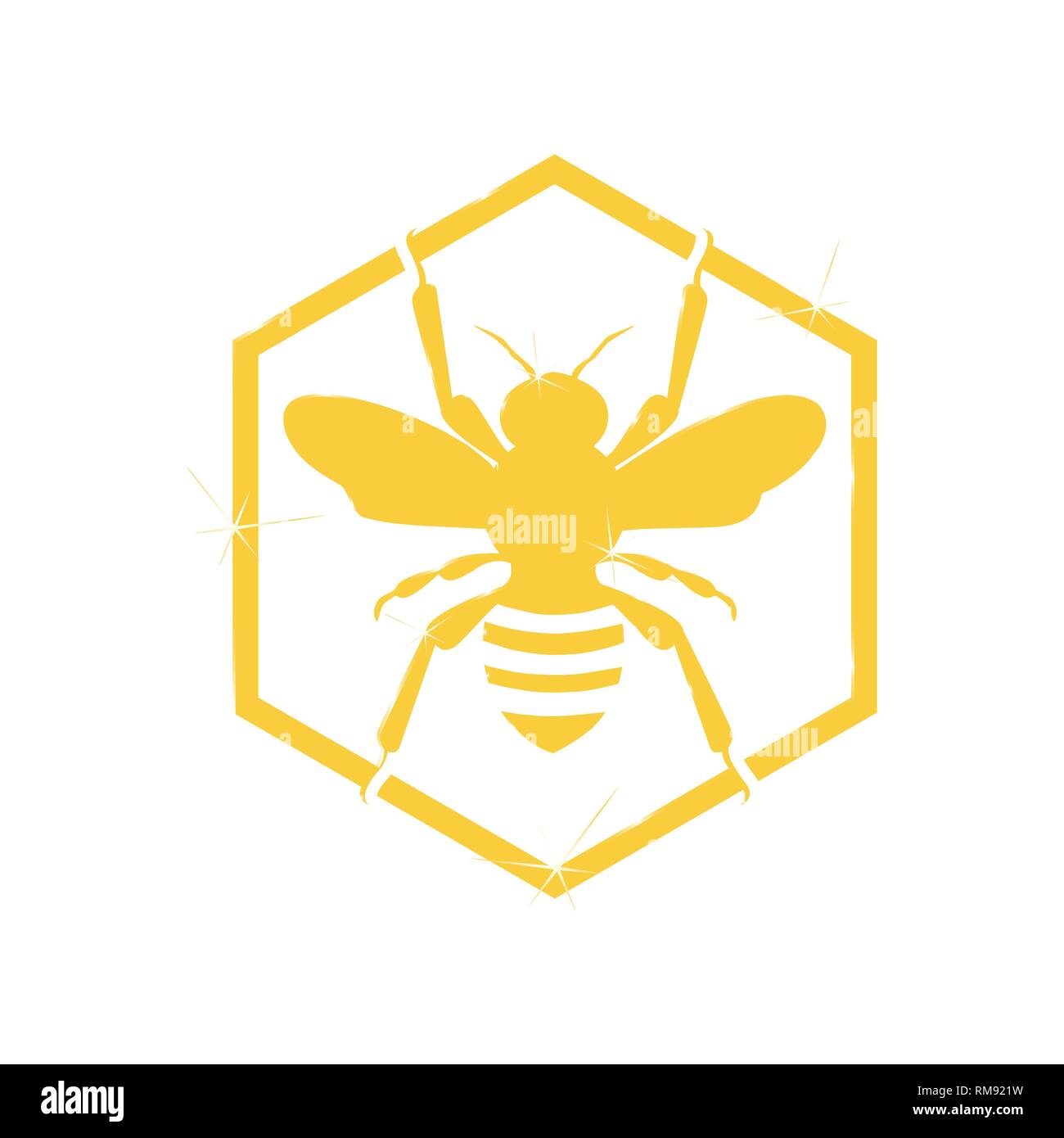 Gold shiny Bee icon inside the hexagon shape vector design illustrator Stock Vector