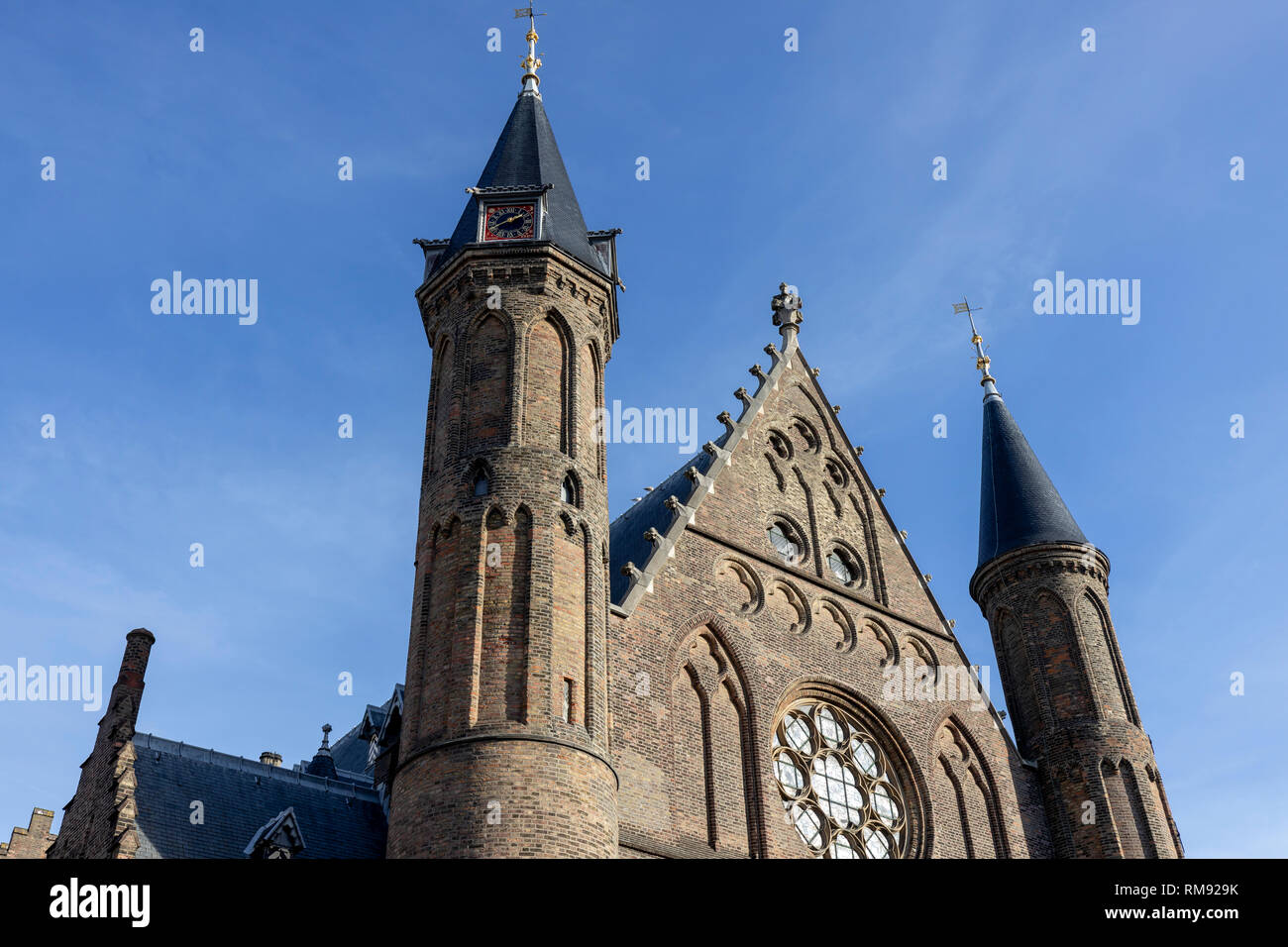 Top part of the Ridderzaal ('Knight's hall') at the Binnenhof square. Historic parliament complex of the government and House of Representatives Stock Photo