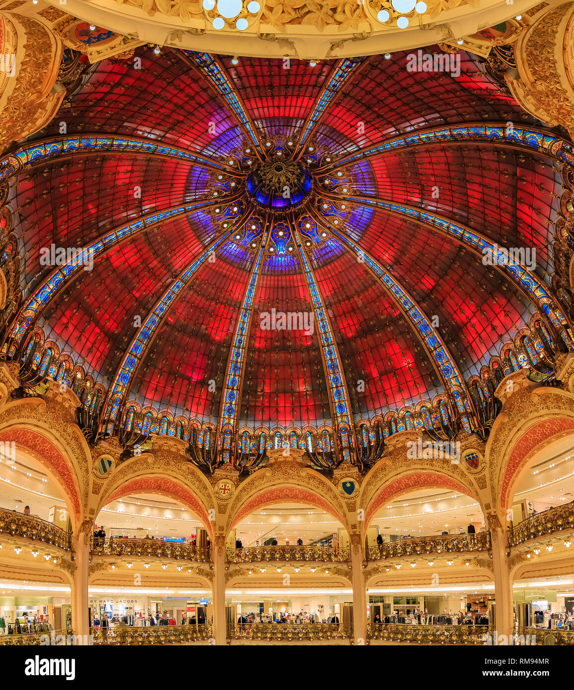Art Nouveau decor and stained glass dome windows of the flagship Galeries Lafayette iconic French department store in Paris France Stock Photo
