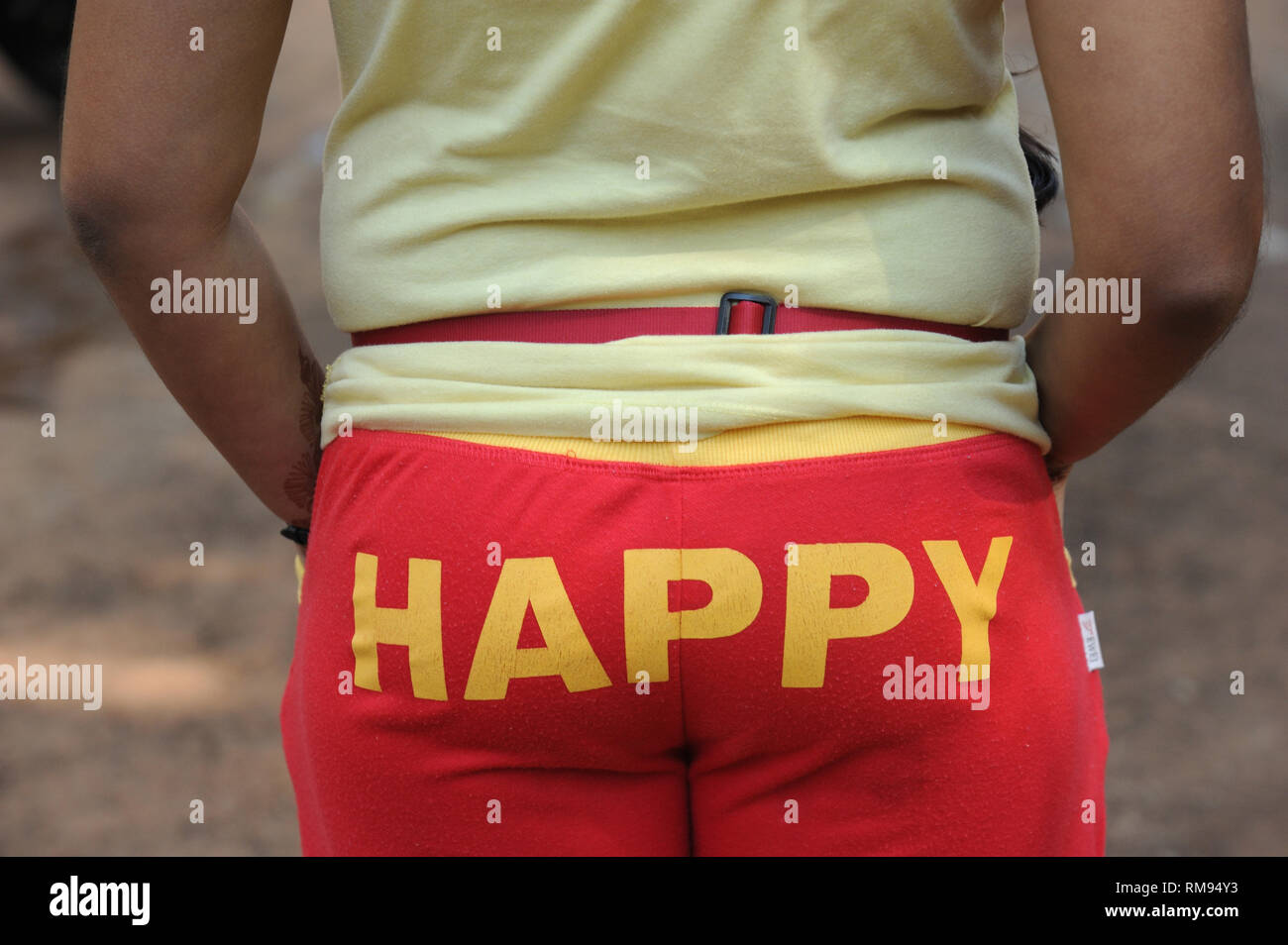 Happy printed on pants back Stock Photo
