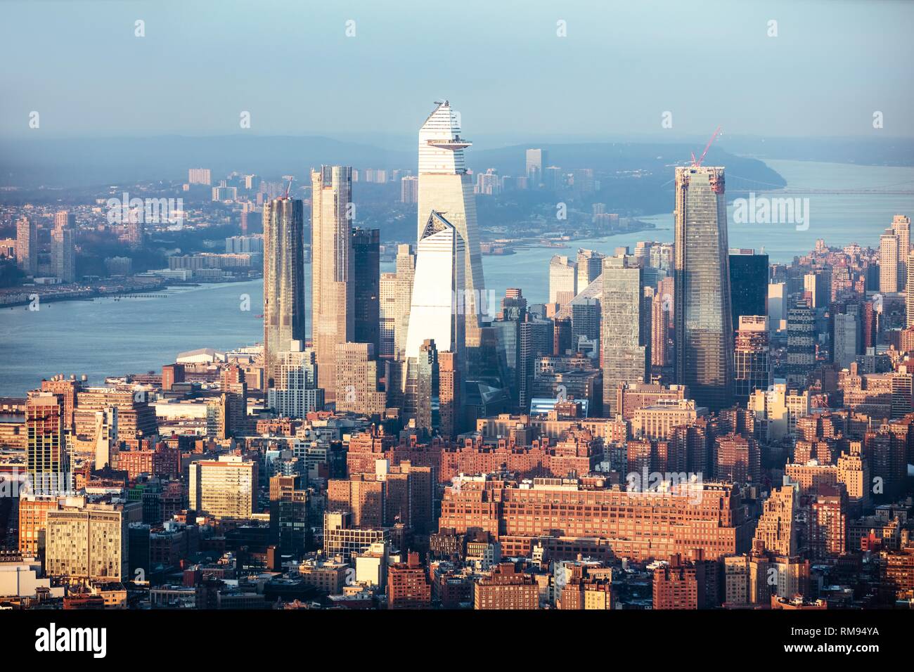 Aerial View Of Manhattan Skyline In New York City During Sunset Stock ...