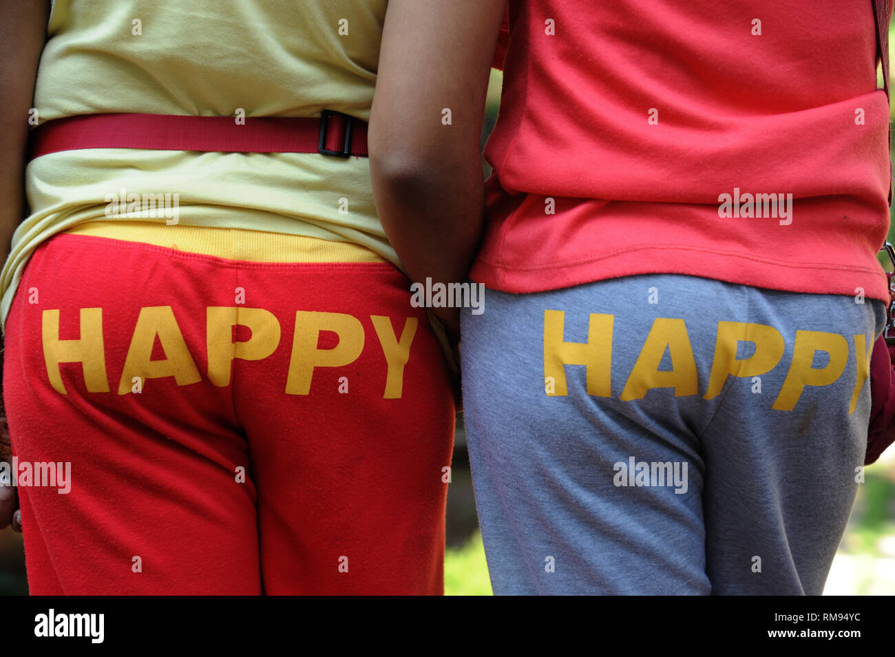 Happy printed on pants rear Stock Photo