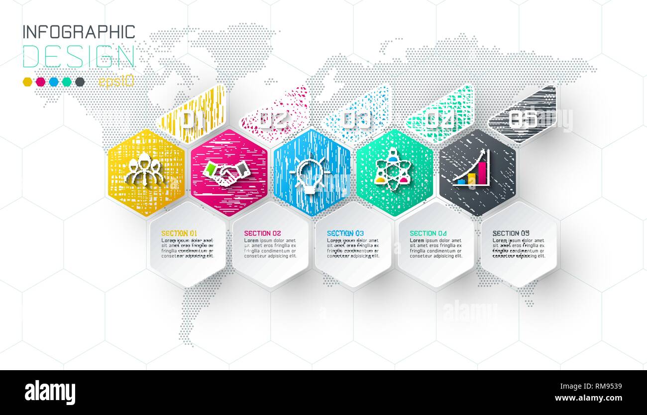 Business hexagon labels shape infographic groups bar. Stock Vector
