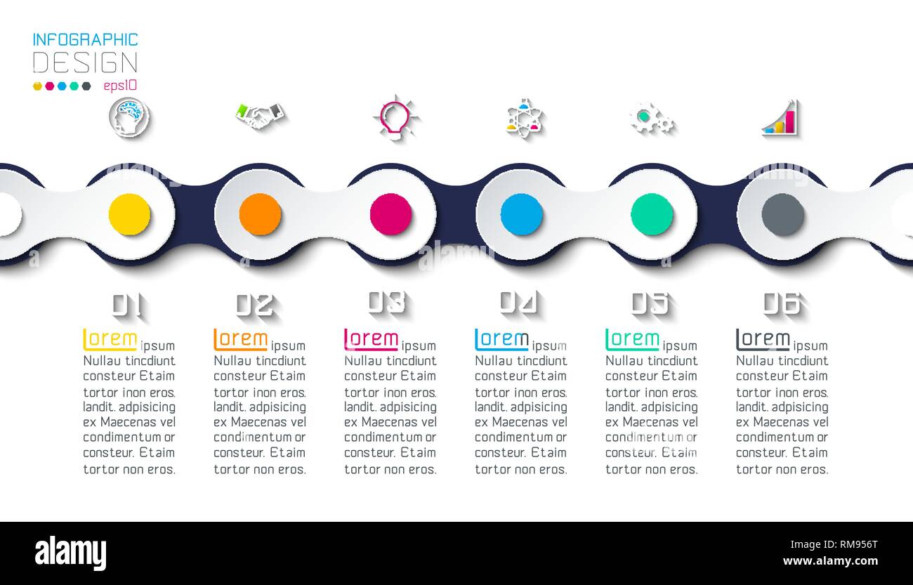 Seven circles with business icon infographics on world map background. Stock Vector